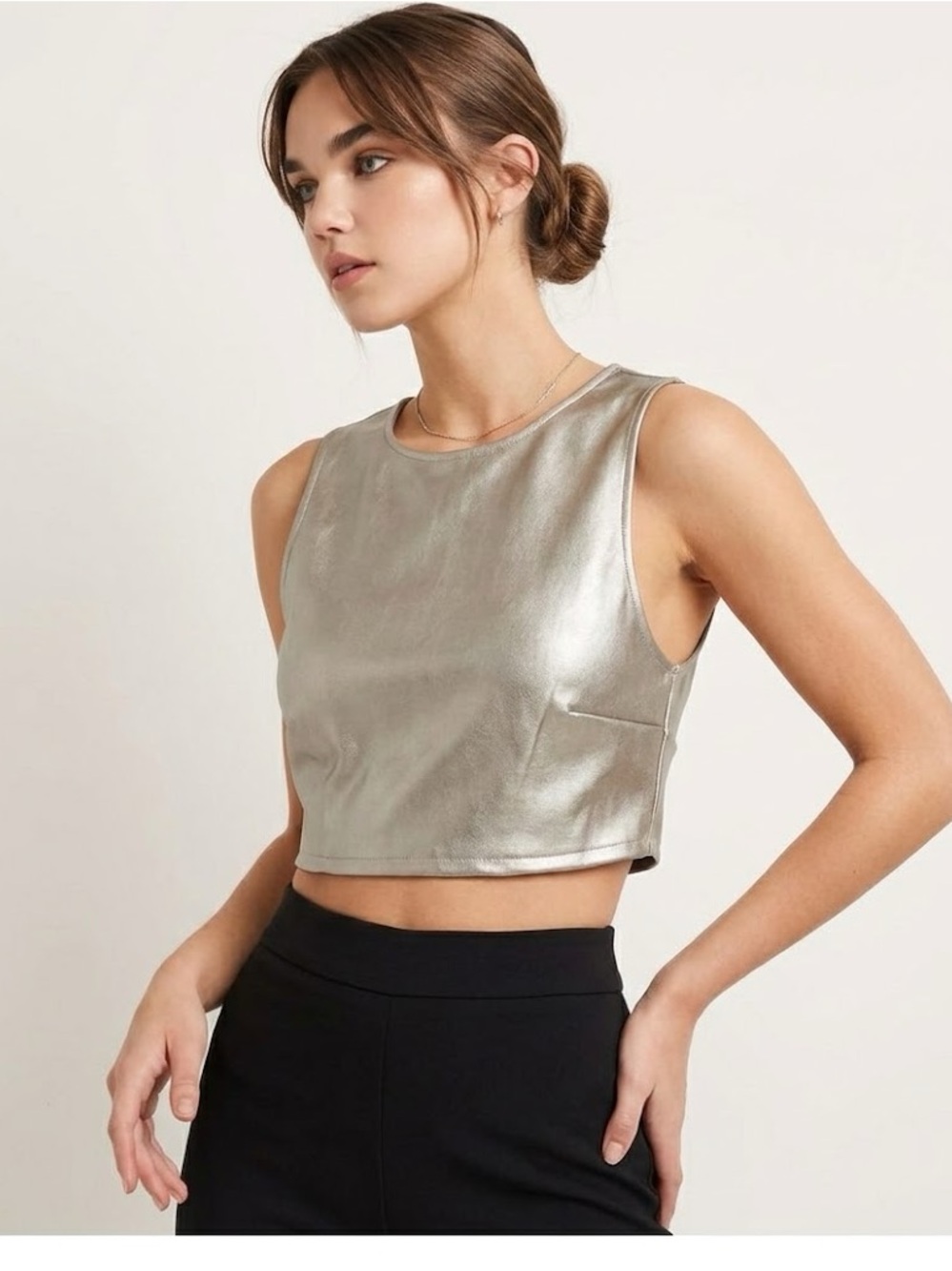 Kirious Metallic Faux Leather Crop Top Pewter Gold Edgy Glam Party ClubwearSmall